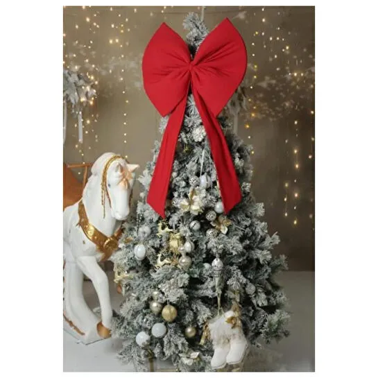 Beige & Stone Kurdele Yıllbaşı Ağaç Süs Noel Dev Kırmızı Fiyonk 55x150 Cm Büyük
