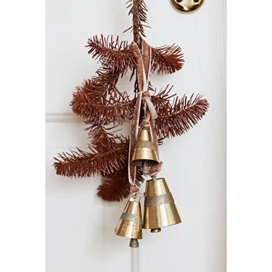 Beige & Stone X Den.interiors Yılbaşı Ağacı Süsü Seti 3 Adet Gold Renk Çan Kadife Kurdele Bağlı Çam Ağaç Süsü