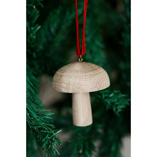 Beige & Stone Yılbaşı Ağacı Süsü Kırmızı Kadife Kurdeleli Ahşap Mantar