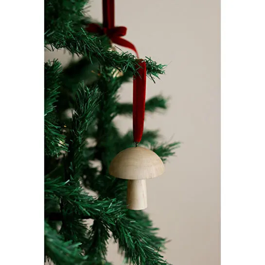 Beige & Stone Yılbaşı Ağacı Süsü Kırmızı Kadife Kurdeleli Ahşap Mantar