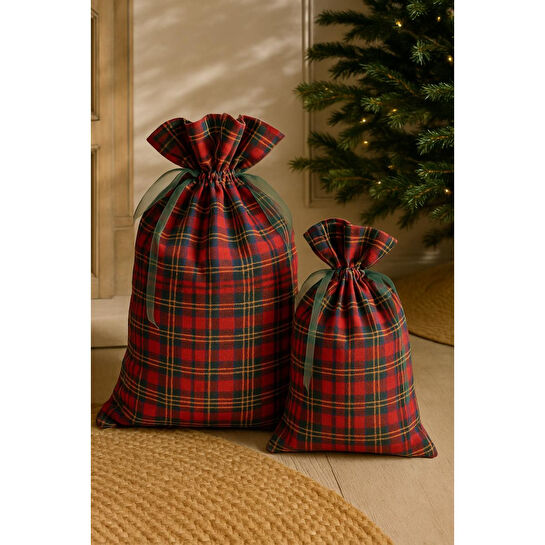 Beige & Stone Yılbaşı Ağaç Altı Süsü Yeni Yıl Ekose Desenli Büyük Hediye Kesesi 40x60 Cm