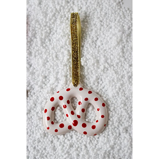 Beige & Stone Yılbaşı Ağaç Süsü Benekli Seramik Pretzel Simit Çam Ağacı Süsü