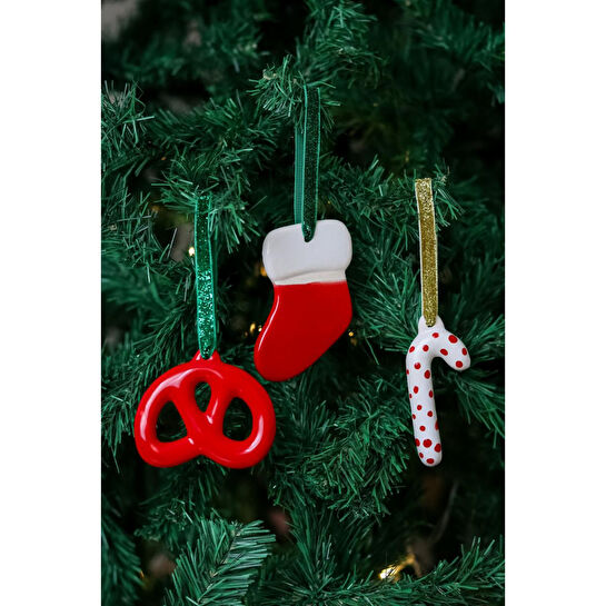 Beige & Stone Yılbaşı Ağaç Süsü Seramik Pretzel Kırmızı Simit,benekli Baston Ve Çorap 3'lü Set Çam Ağacı Süsü