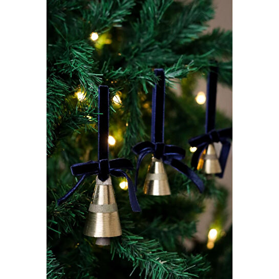 Beige & Stone X Den.ınteriors Yılbaşı Ağacı Süsleme Seti 3'lü Kadife Kurdeleli Gold Renk Çan Ağaç Süsü