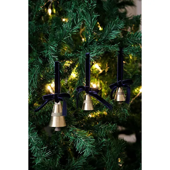 Beige & Stone X Den.ınteriors Yılbaşı Ağacı Süsleme Seti 3'lü Kadife Kurdeleli Gold Renk Çan Ağaç Süsü