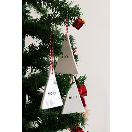 Beige & Stone Yılbaşı El Yapımı Seramik 3 Lü Çam Ağacı Süsü Noel Joy Wish