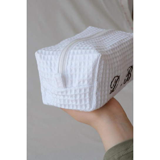 Beige & Stone Pamuklu Waffle Kişiye Özel Makyaj Çantası