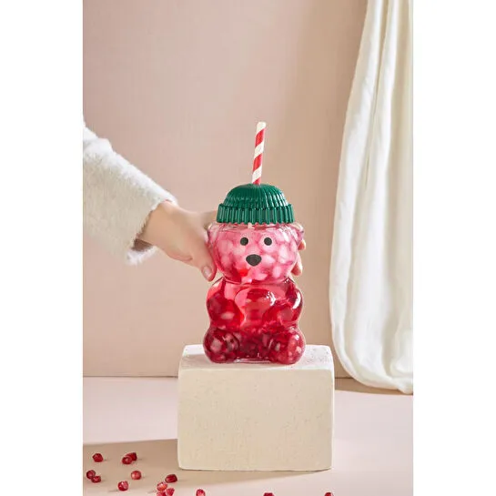 Lora Bianca Fenomen Bear – Yeşil Şapkalı Ayıcık Pipetli Cam Bardak - 500 Ml