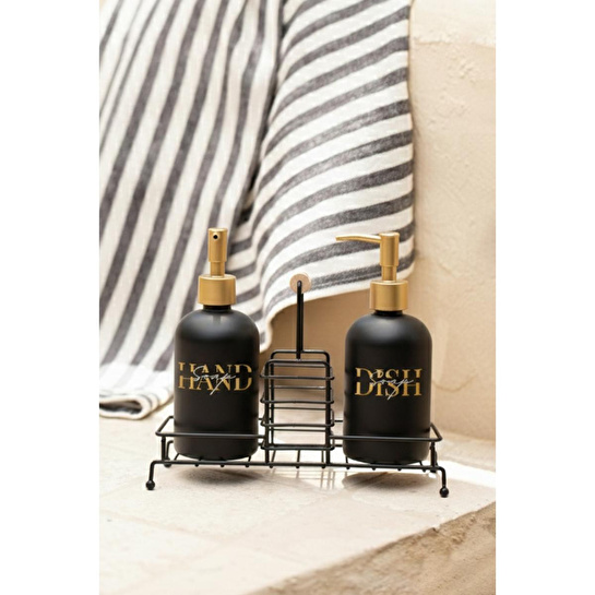Rakle Essential Siyah Metal Ahşap Kulplu Stand 2'li Sıvı Sabunluk Seti Siyah 420 Cc