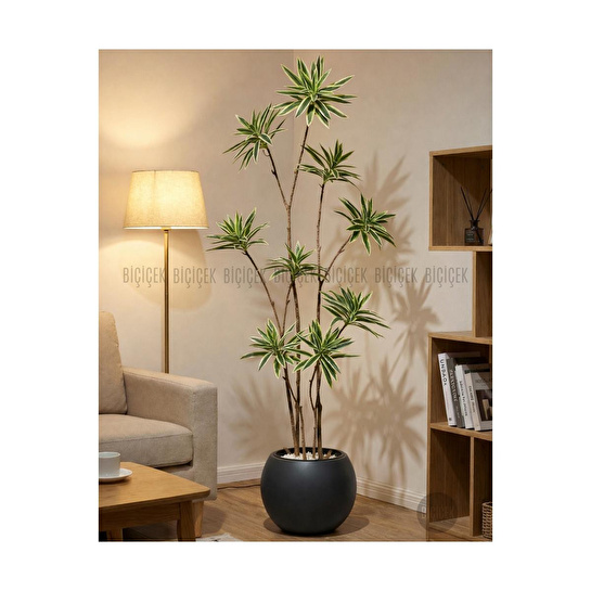 Biçiçek 160 Cm Dragon Bitkisi Yapay Dracaena Küre Saksıda Gri1