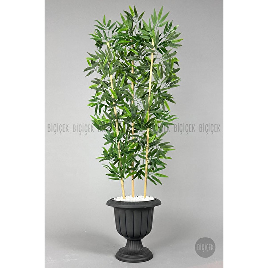 Biçiçek Yapay Bambu Ağacı 140cm Yoğun Yapraklı Antrasit Renk Nergis Saksıda