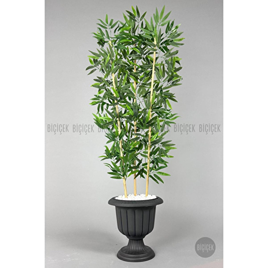 Biçiçek Yapay Bambu Ağacı 140cm Yoğun Yapraklı Antrasit Renk Nergis Saksıda