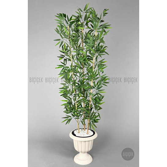 Biçiçek Yapay Bambu Ağacı 170cm Yoğun Yapraklı Kırık Beyaz Renk Nergis Saksıda