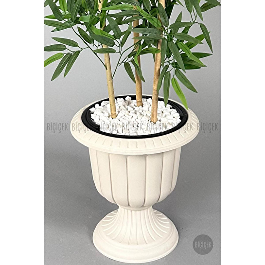 Biçiçek Yapay Bambu Ağacı 170cm Yoğun Yapraklı Kırık Beyaz Renk Nergis Saksıda