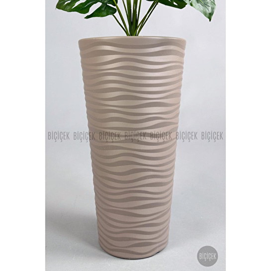 Biçiçek Yapay Çiçek Salon Bitkisi Monstera Deve Tabanı Bej Renk Kumsal Saksıda