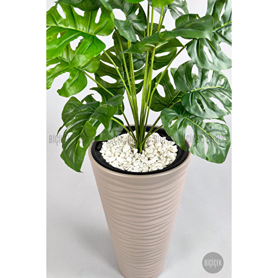 Biçiçek Yapay Çiçek Salon Bitkisi Monstera Deve Tabanı Bej Renk Kumsal Saksıda