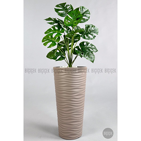 Biçiçek Yapay Çiçek Salon Bitkisi Monstera Deve Tabanı Bej Renk Kumsal Saksıda