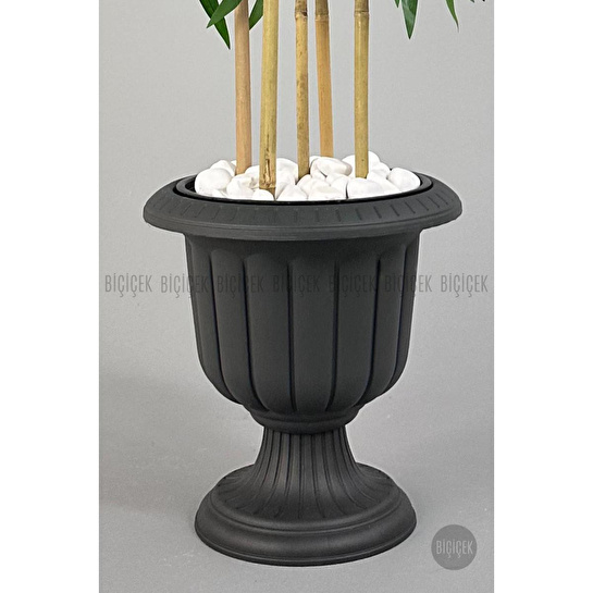 Biçiçek Yapay Bambu Ağacı 170cm Büyük Yapraklı 5 Bambulu Antrasit Renk Nergis Saksıda Yapay Ağaç