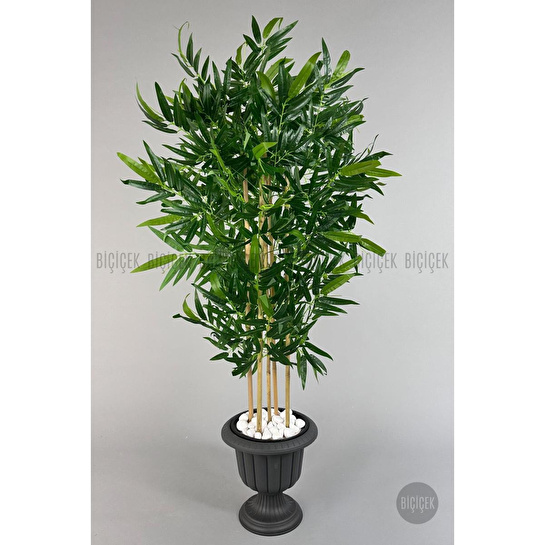 Biçiçek Yapay Bambu Ağacı 170cm Büyük Yapraklı 5 Bambulu Antrasit Renk Nergis Saksıda Yapay Ağaç