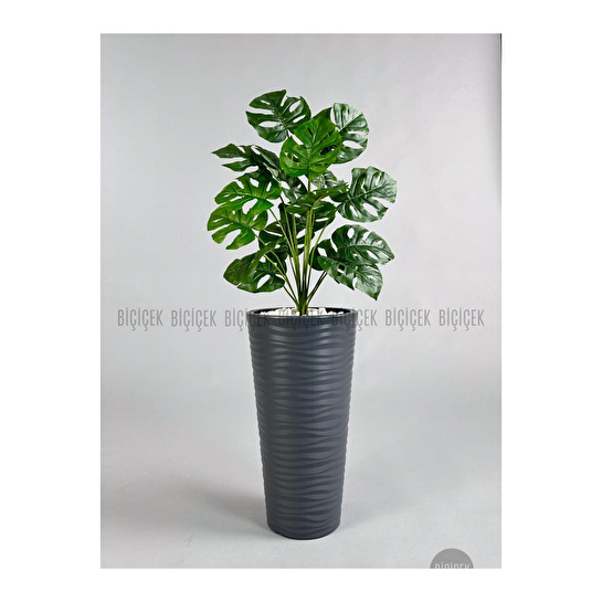 Biçiçek Yapay Çiçek Salon Bitkisi Monstera Deve Tabanı Antrasit Renk Kumsal Saksıda