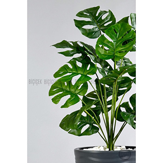 Biçiçek Yapay Çiçek Salon Bitkisi Monstera Deve Tabanı Antrasit Renk Kumsal Saksıda