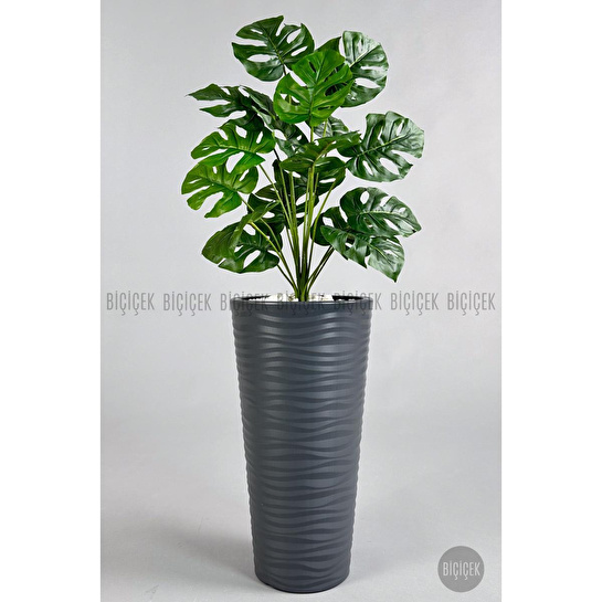 Biçiçek Yapay Çiçek Salon Bitkisi Monstera Deve Tabanı Antrasit Renk Kumsal Saksıda