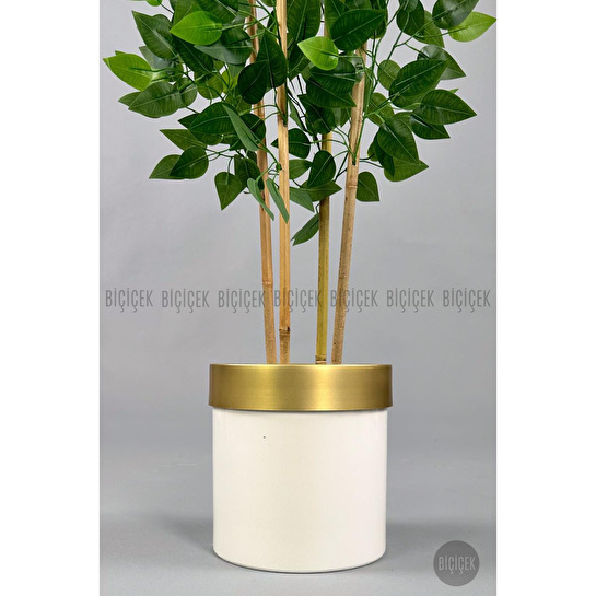 Biçiçek Yapay Benjamin Ağacı 140cm Krem Gold Metal Saksıda