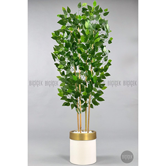 Biçiçek Yapay Benjamin Ağacı 140cm Krem Gold Metal Saksıda