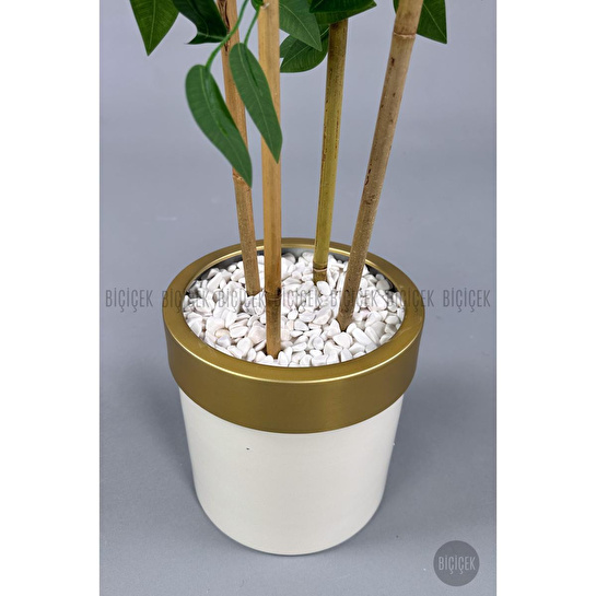 Biçiçek Yapay Benjamin Ağacı 140cm Krem Gold Metal Saksıda