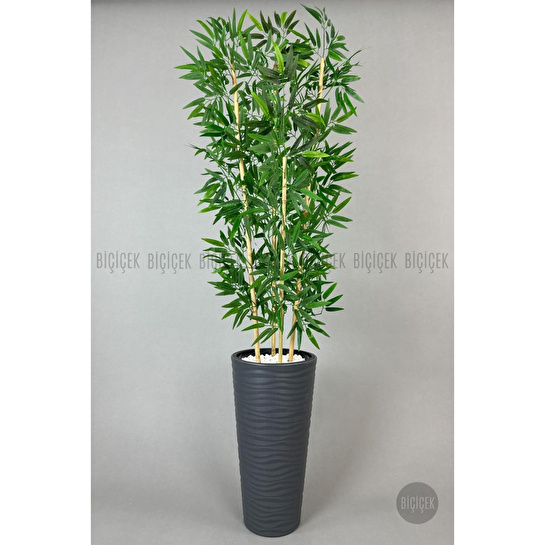 Biçiçek Yapay Bambu Ağacı 180cm Yoğun Yapraklı Antrasit Renk Kumsal Saksıda