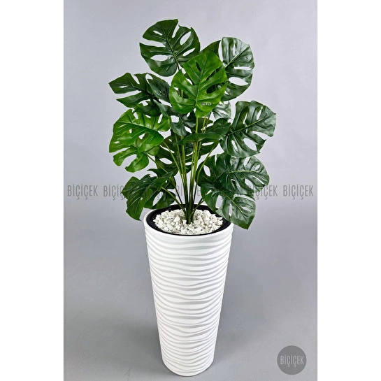 Biçiçek Yapay Çiçek Salon Bitkisi Monstera Deve Tabanı Beyaz Renk Kumsal Saksıda