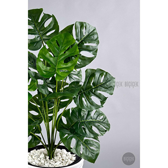 Biçiçek Yapay Çiçek Salon Bitkisi Monstera Deve Tabanı Beyaz Renk Kumsal Saksıda