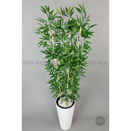 Biçiçek Yapay Bambu Ağacı 180cm Yoğun Yapraklı Beyaz Renk Kumsal Saksıda