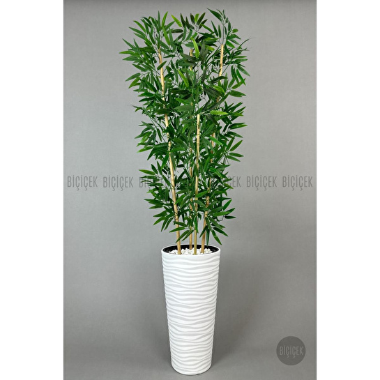 Biçiçek Yapay Bambu Ağacı 180cm Yoğun Yapraklı Beyaz Renk Kumsal Saksıda