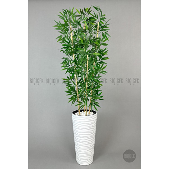 Biçiçek Yapay Bambu Ağacı 180cm Yoğun Yapraklı Beyaz Renk Kumsal Saksıda