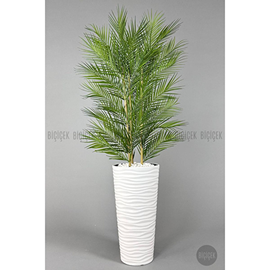 Biçiçek Yapay Areka Ağacı Palmiye Ağacı 33 Yapraklı Bambu Gövdeli Beyaz Kumsal Saksı Salon Çiçeği 150cm