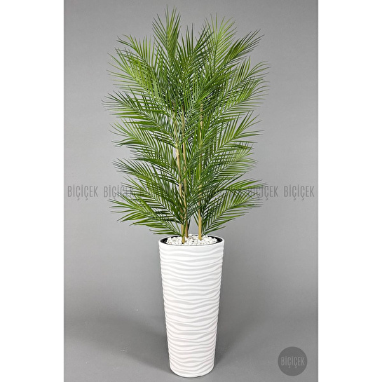 Biçiçek Yapay Areka Ağacı Palmiye Ağacı 33 Yapraklı Bambu Gövdeli Beyaz Kumsal Saksı Salon Çiçeği 150cm
