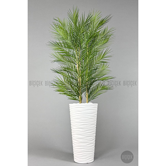 Biçiçek Yapay Areka Ağacı Palmiye Ağacı 33 Yapraklı Bambu Gövdeli Beyaz Kumsal Saksı Salon Çiçeği 150cm