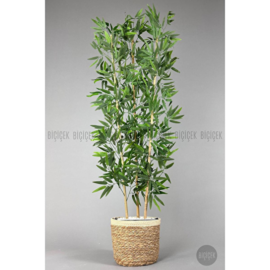 Biçiçek Yapay Bambu Ağacı 140cm Hasır Saksıda Siyah-gümüş