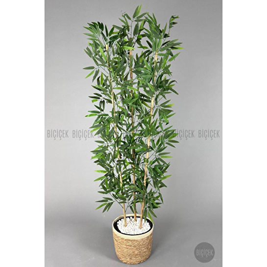 Biçiçek Yapay Bambu Ağacı 140cm Hasır Saksıda Siyah-gümüş