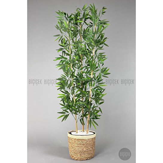 Biçiçek Yapay Bambu Ağacı 140cm Hasır Saksıda Siyah-gümüş