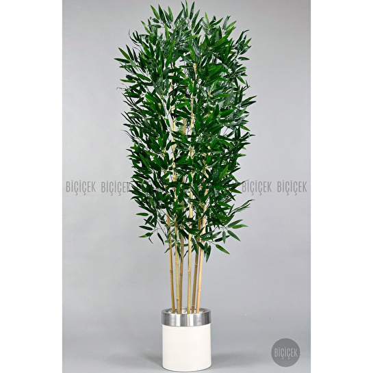 Biçiçek Yapay Bambu Ağacı 170cm Krem Metal Saksıda Gümüş