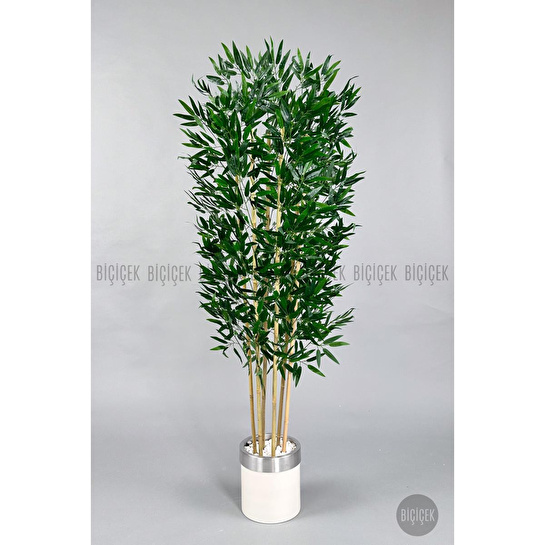 Biçiçek Yapay Bambu Ağacı 170cm Krem Metal Saksıda Gümüş