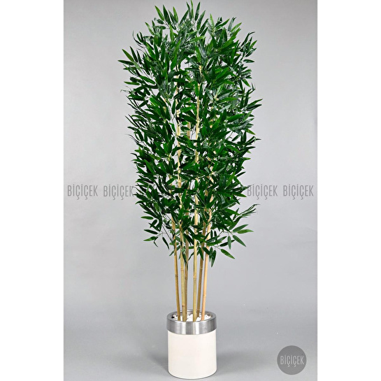Biçiçek Yapay Bambu Ağacı 170cm Krem Metal Saksıda Gümüş