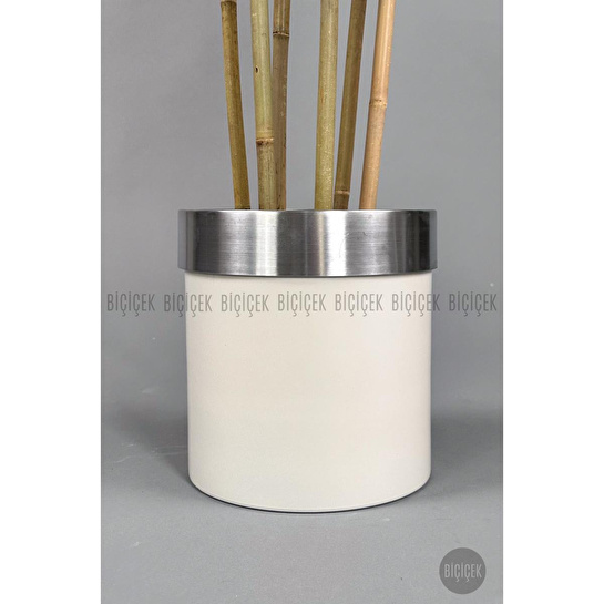 Biçiçek Yapay Bambu Ağacı 170cm Krem Metal Saksıda Gümüş