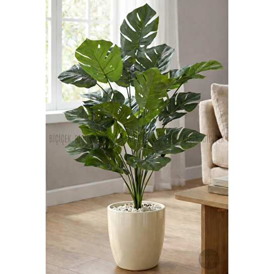 Biçiçek Yapay Çiçek Salon Bitkisi Monstera Deve Tabanı Kırıkbeyaz Renk Yalı Saksıda