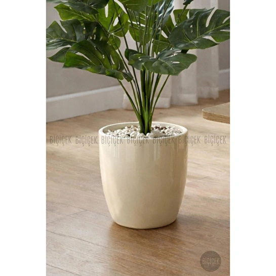 Biçiçek Yapay Çiçek Salon Bitkisi Monstera Deve Tabanı Kırıkbeyaz Renk Yalı Saksıda