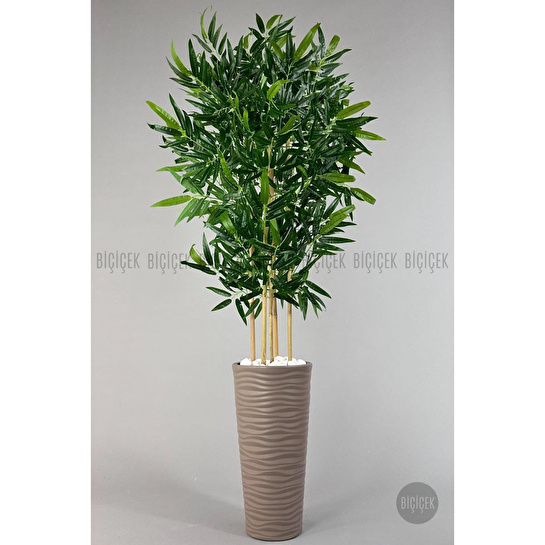 Biçiçek Yapay Bambu Ağacı 185cm Büyük Yapraklı 5 Bambulu Bej Renk Kumsal Saksıda Yapay Ağaç