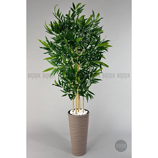 Biçiçek Yapay Bambu Ağacı 185cm Büyük Yapraklı 5 Bambulu Bej Renk Kumsal Saksıda Yapay Ağaç