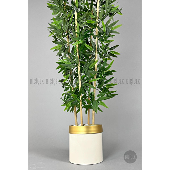 Biçiçek Yapay Bambu Ağacı 140cm Krem Gold Metal Saksıda